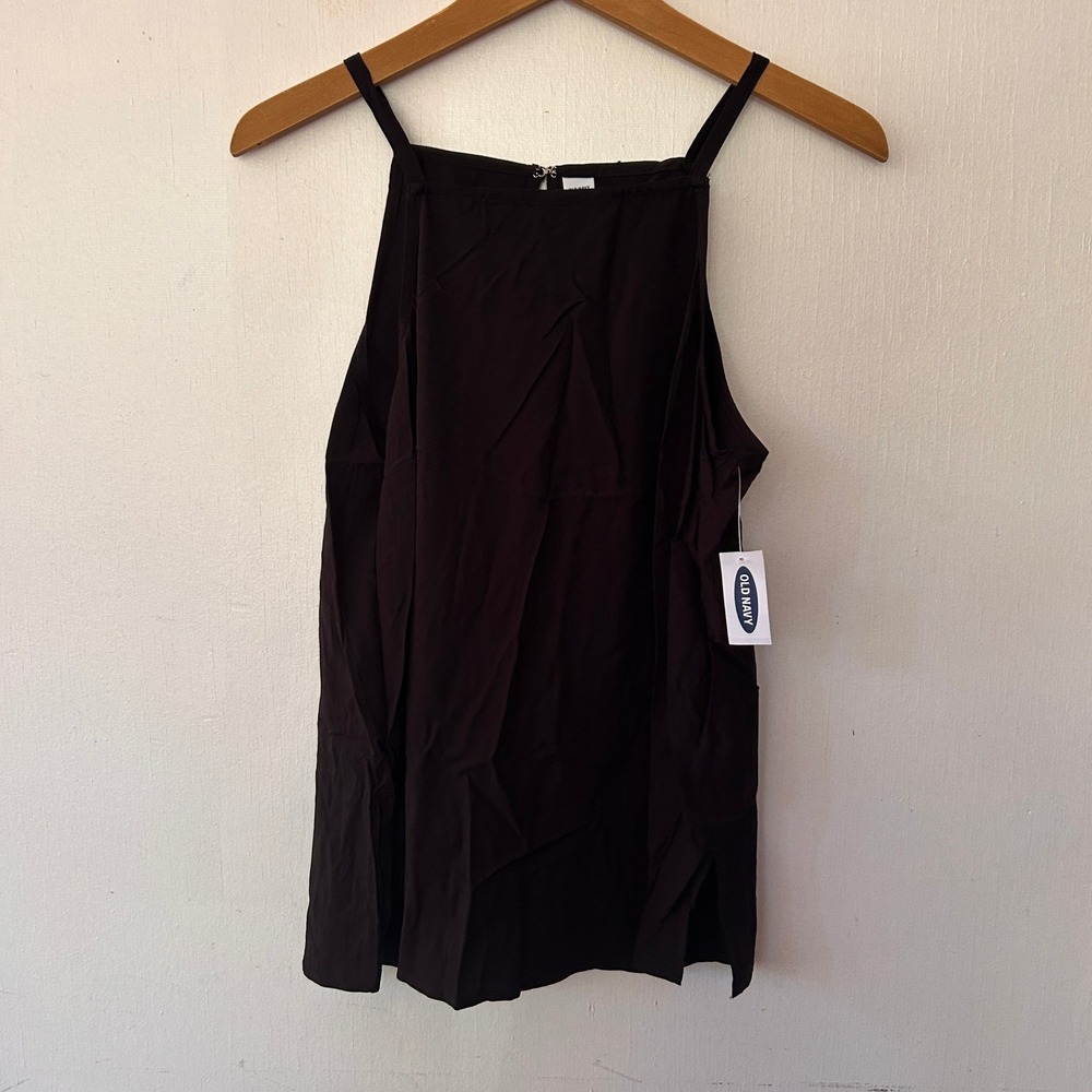 Old Navy Tank Top Womens Medium Black High Neck Keyhole Rayon Minimalist NWT